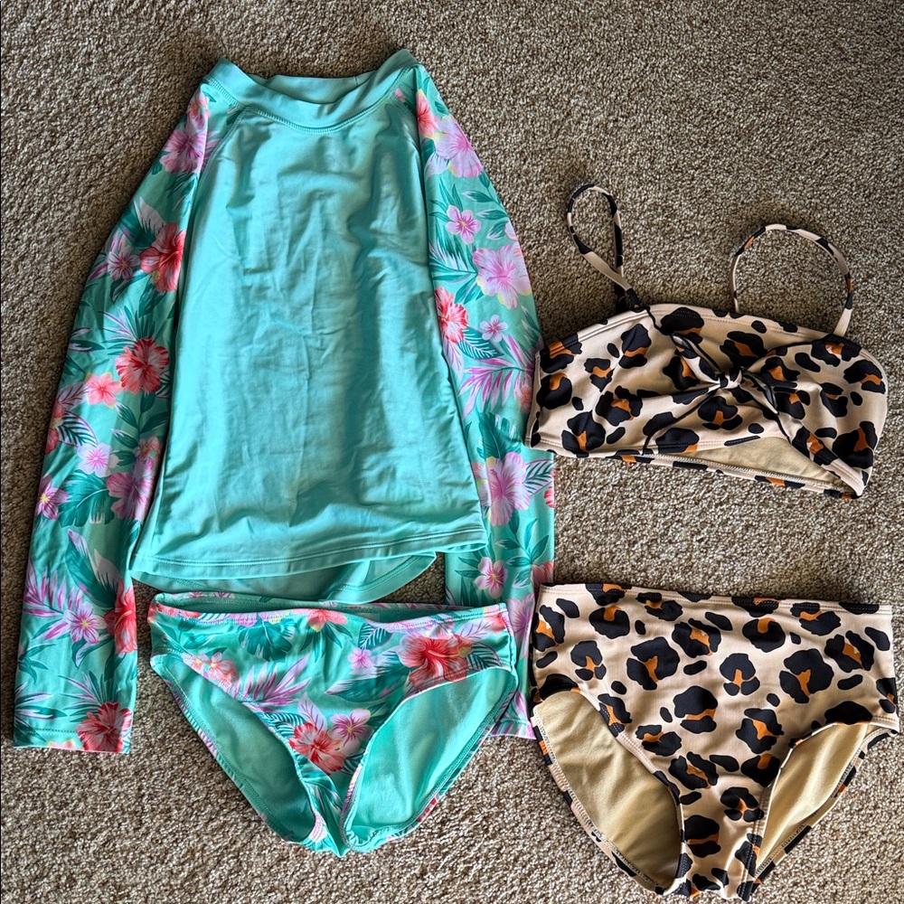 Turquoise Floral Rash Guard Set + Leopard Bikini Separates
